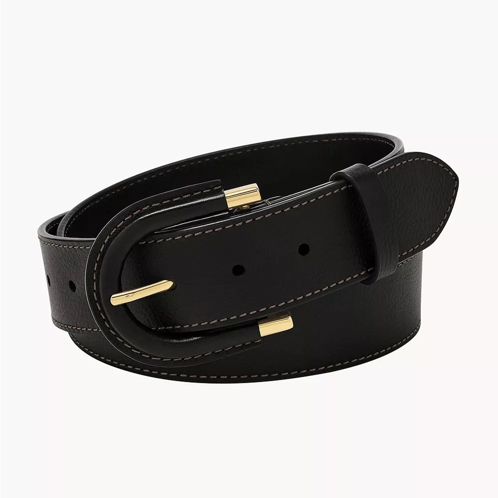Fossil Harwell Wrapped Buckle Leather Belt in Black Leather and Gold Hardware